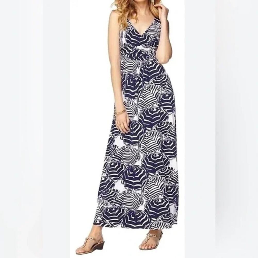 Lilly Pulitzer Maxi Dress Navy White Umbrella Print Sleeveless V Neck Size L